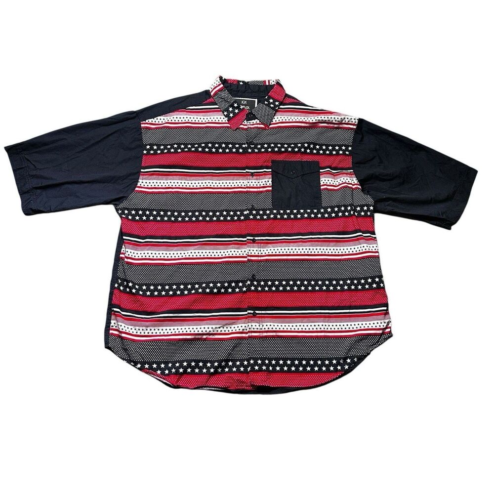 King Maker Mens 4XL Button Up Shirt Stars Stripes Colorblock Blue Short Sleeve
